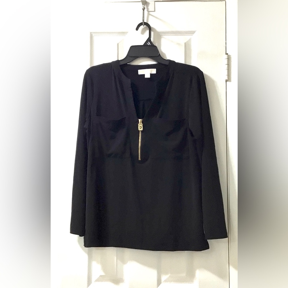 Michael KORS Women’s Size L Black Long Sleeve Top W/Pockets & Gold Zipper